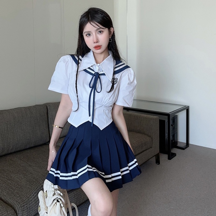 Bộ Áo Sơ Mi Ngắn Tay Cổ Hải Quân + Chân Váy Xếp Ly Lưng Cao Thời Trang Cho Nữ