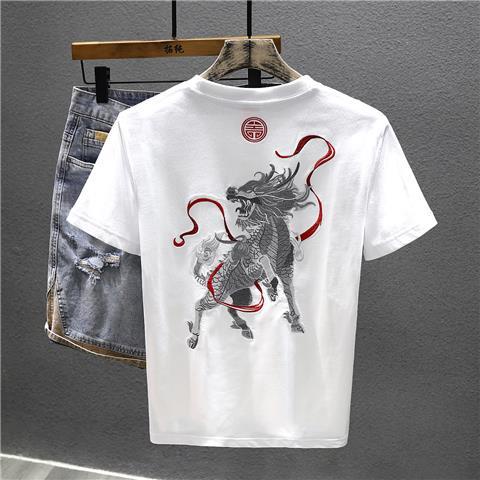 Áo thun nam tay ngắn thêu kỳ lân thời trang quốc gia S-4XL 2023 mẫu mới thương hiệu thời trang nửa tay thường ngày