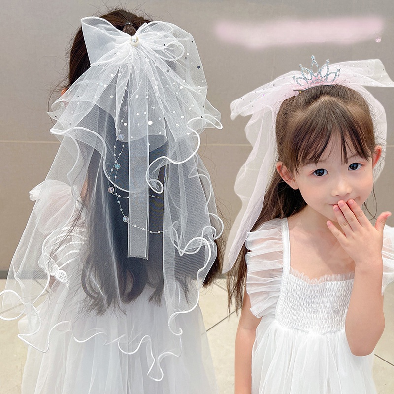 Kẹp Tóc Ruy Băng Dài Đính Mạng Che Mặt Cho Bé Gái