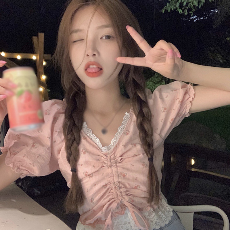 Áo Croptop Ôm Dáng Tay Phồng In Họa Tiết Hoa Quyến Rũ Thời Trang Cho Nữ