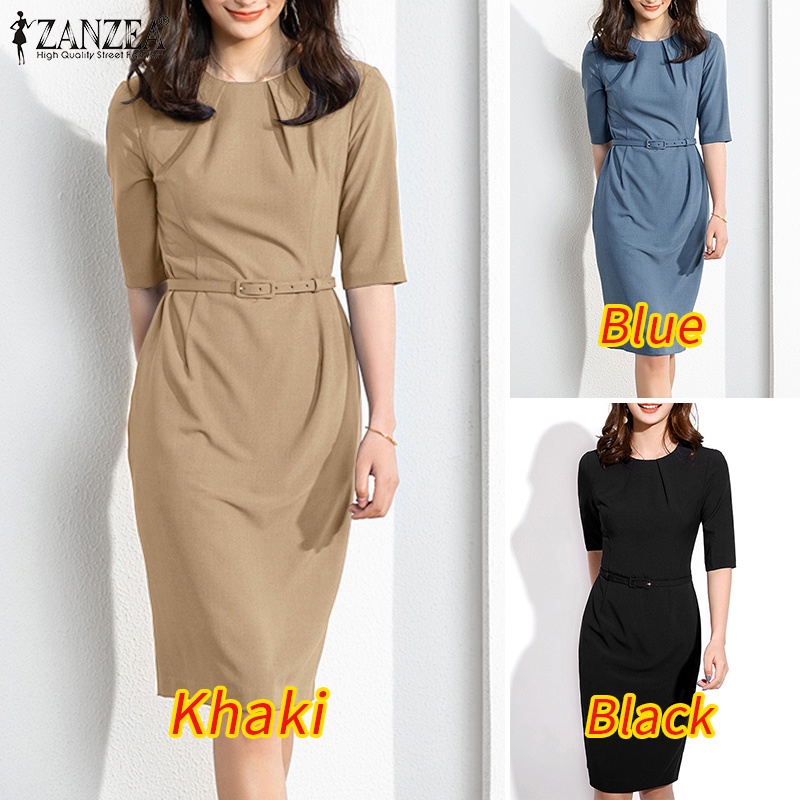 ZANZEA Đầm Midi Cổ Tròn Xếp Ly Tay Cộc Có Túi Sau Lưng Phối Khóa Kéo Phong Cách Hàn Quốc Cho Nữ