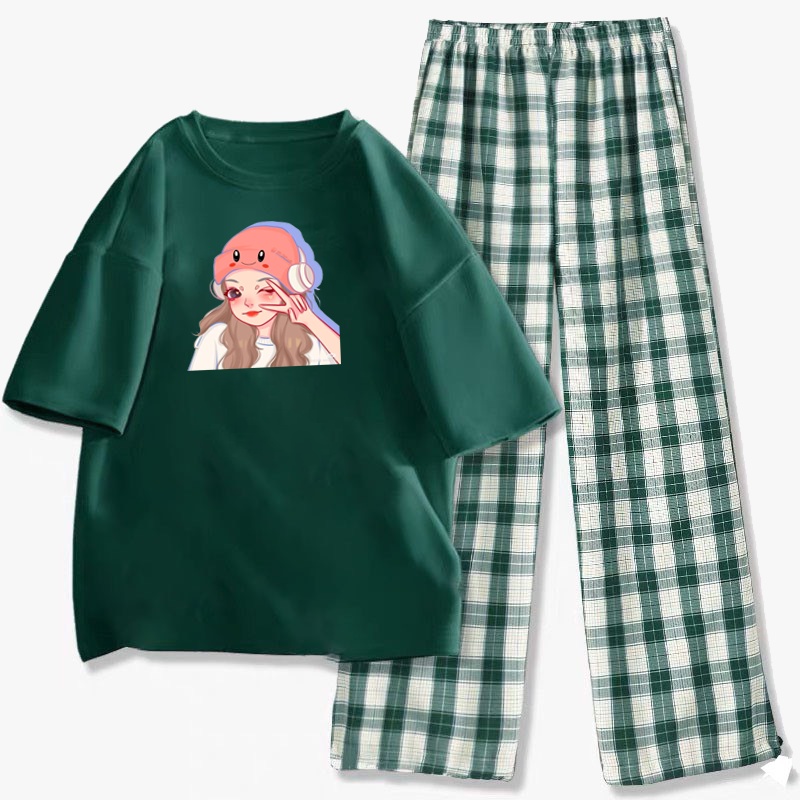 Sét quần áo nữ in hình cô bé nghe nhạc kèm quần kẻ