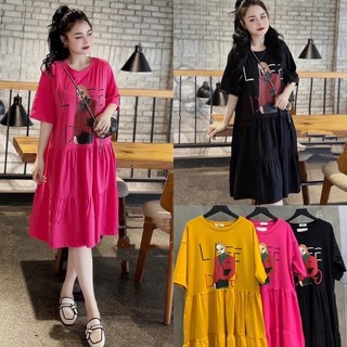 Đầm ba tầng, váy babydoll cotton in hình cô gái dáng xoè freesize thời trang ba màu không túi