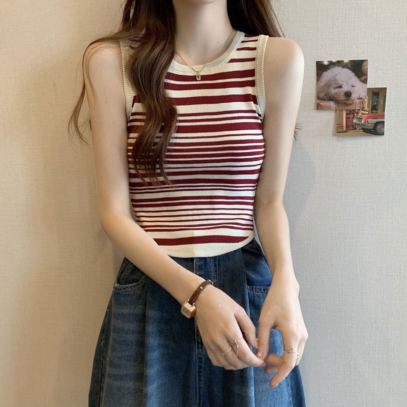 Áo Hai Dây Dệt Kim Dáng Ngắn Họa Tiết Kẻ Sọc Thời Trang Cho Nữ