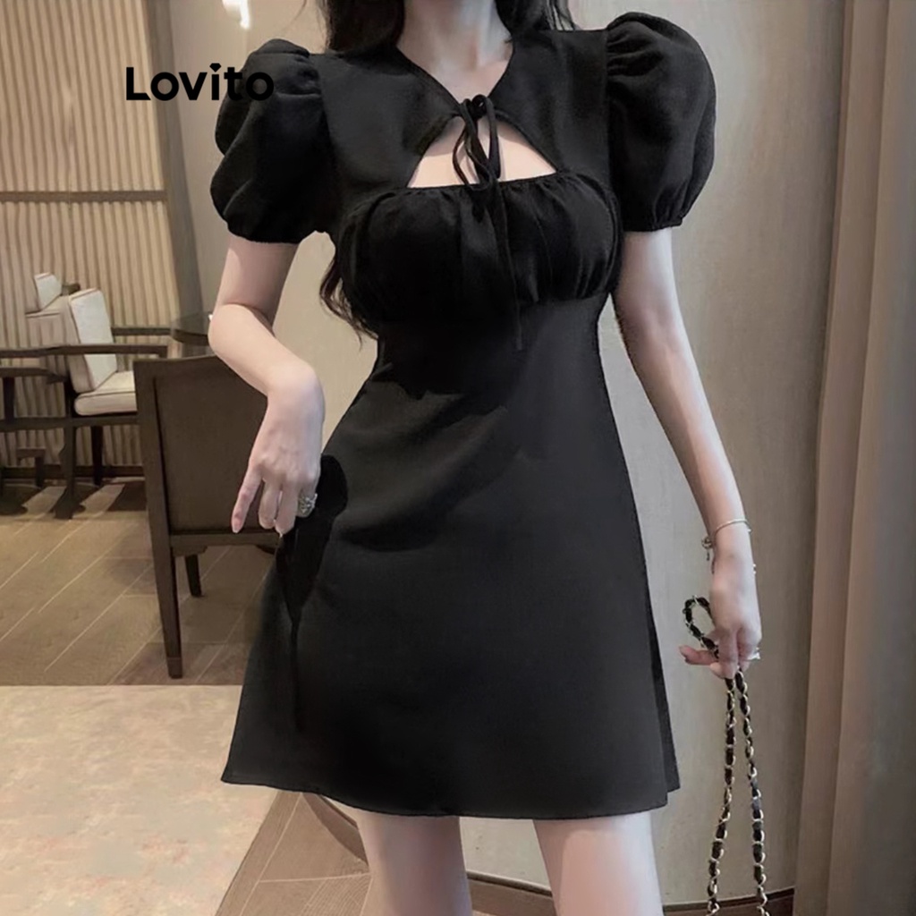 Đầm LOVITO thắt dây phía trước khoét lỗ màu trơn đáng yêu dành cho nữ L45AD041 (màu đen)