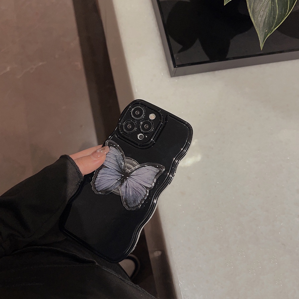 Ốp Điện Thoại Silicon Viền Đen Họa Tiết Bươm Bướm Đơn Giản Kèm Giá Đỡ Cho Iphone 14 11 12 13 PRO MAX AT0060