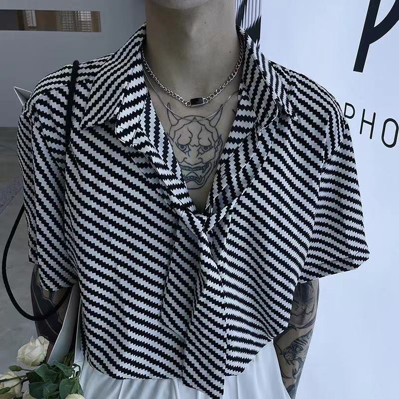 Áo Sơ Mi Tay Ngắn Dáng Rộng Họa Tiết Kẻ Sọc Phong Cách Harajuku Thời Trang Mùa Hè Cho Nam