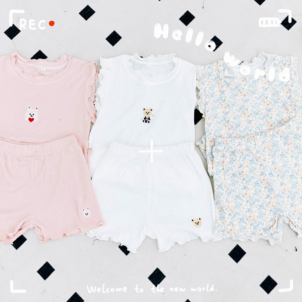 Set ba lỗ bé gái vải dư Hàn thêu gấu thỏ