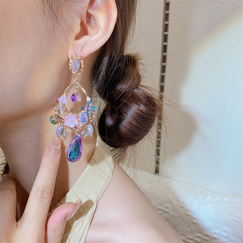 Bông Tai Mạ Bạc Đính Đá Sapphire Phong Cách Baroque Nhật Bản