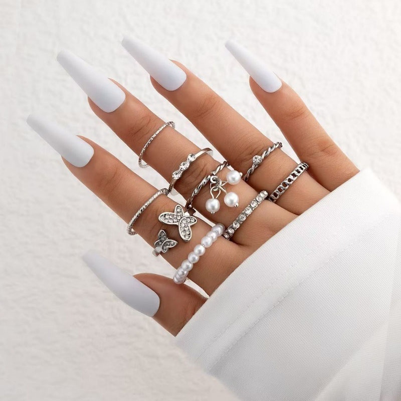 Bộ 9 Nhẫn Hở Họa Tiết Bướm Đính Ngọc Trai Thời Trang Cho Nữ