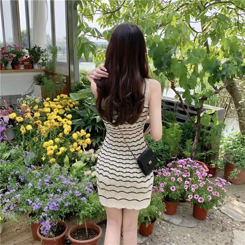 Đầm XINLANYASHE hai dây kẻ sọc thời trang Hàn Quốc mới cho nữ