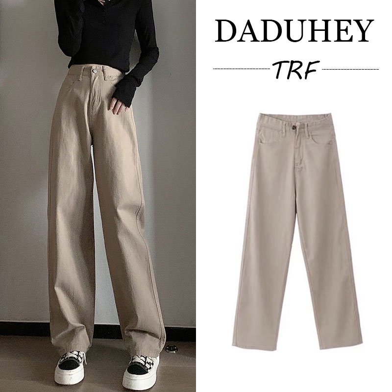 DaDuHey💕 2023 Korean Version of INS Khaki Jeans West Niche High Waist Loose Wide Leg Pants Large Size Trousers