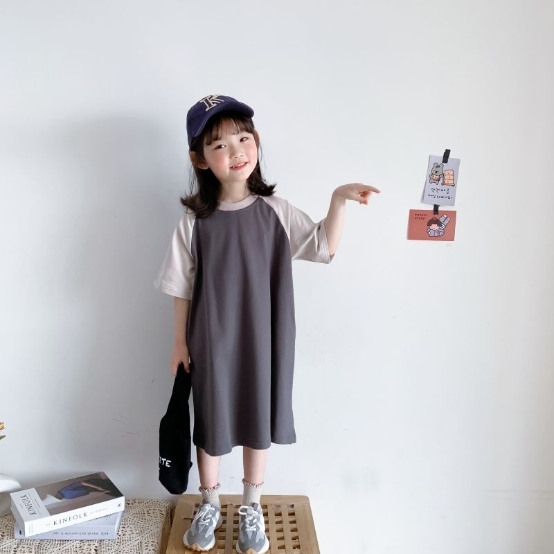 Đầm Cotton Tay Ngắn Màu Sắc Tương Phản In Chữ Nhật Hàn Thời Trang Mùa Hè Cho Mẹ Và Bé