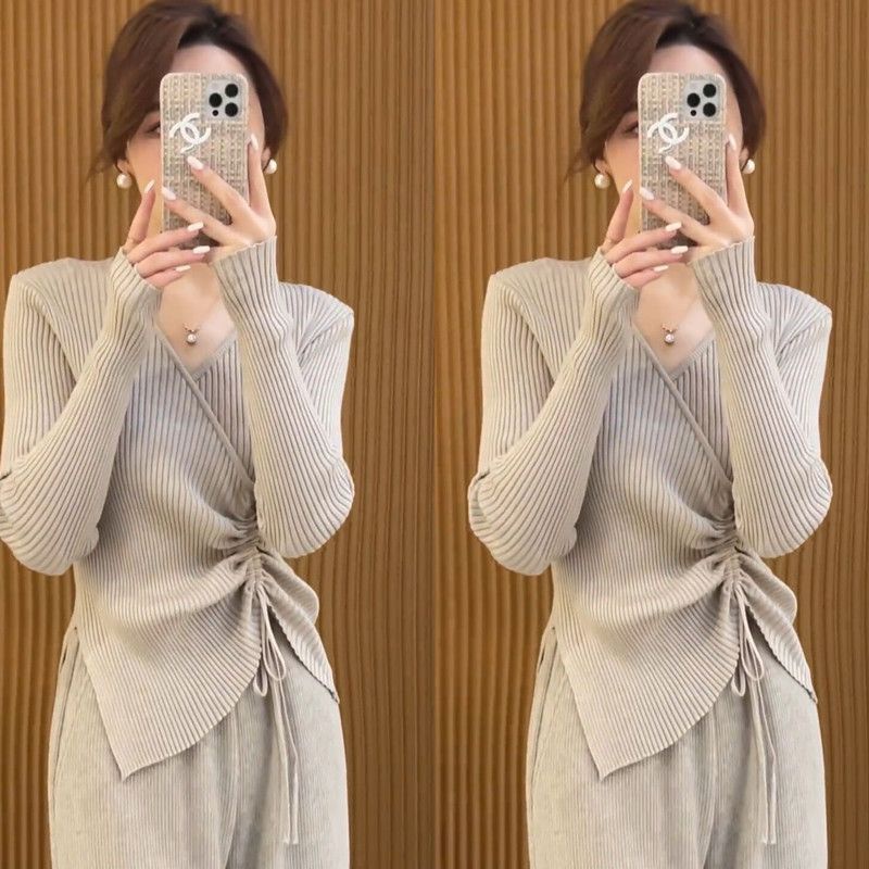 Đầm Sweater Dệt Kim Cổ Chữ v Xếp Ly Kiểu Mới Mùa Xuân Cao Cấp Có Size Lớn