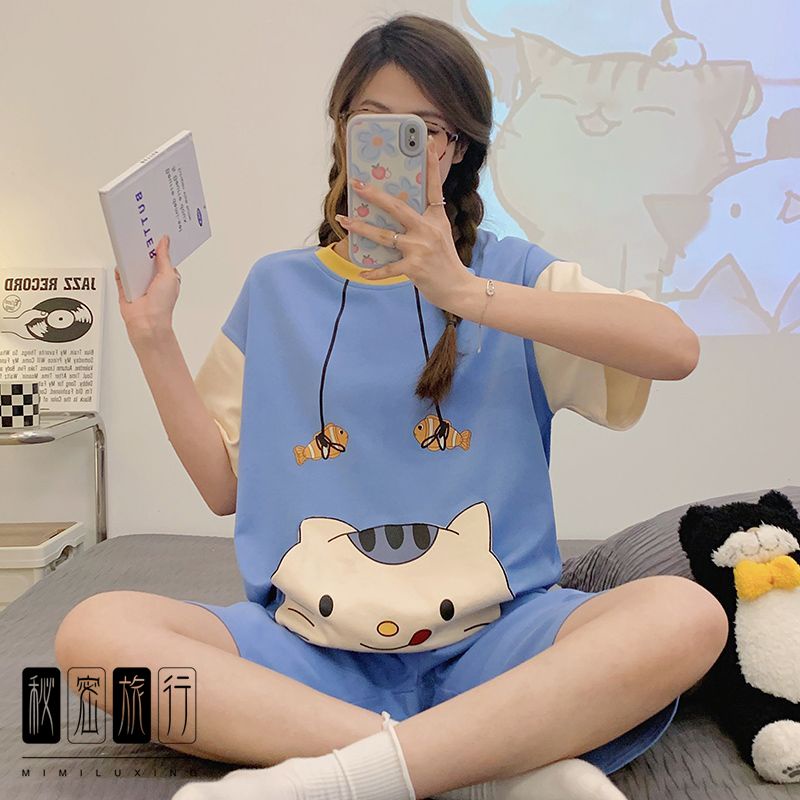 Bộ Đồ Ngủ Ngắn Tay Dáng Rộng In Hoạt Hình Mèo Doraemon Đáng Yêu Thời Trang Mùa Hè Cho Nữ