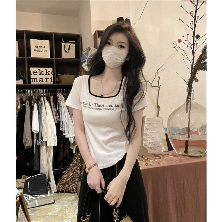 COZOK Áo Thun Ngắn Tay Cổ Vuông Thiết Kế Lệch Tà Thời Trang Cho Nữ