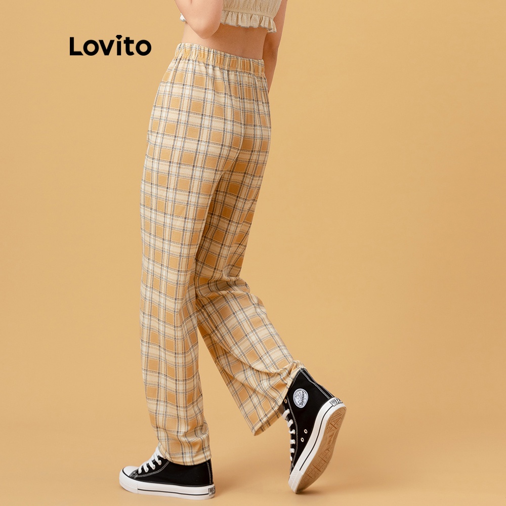 Quần tây nữ Lovito ống suông kẻ sọc lưng thun L00270 (màu xanh lá nhạt/xanh lá/vàng/xanh dương/cà phê)