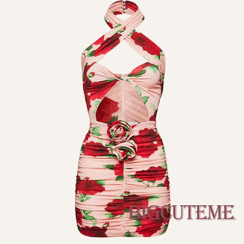 [] [] Đầm Mini Ôm Dáng Không Tay Khoét Rỗng In Họa Tiết Hoa Hồng Cho Nữ