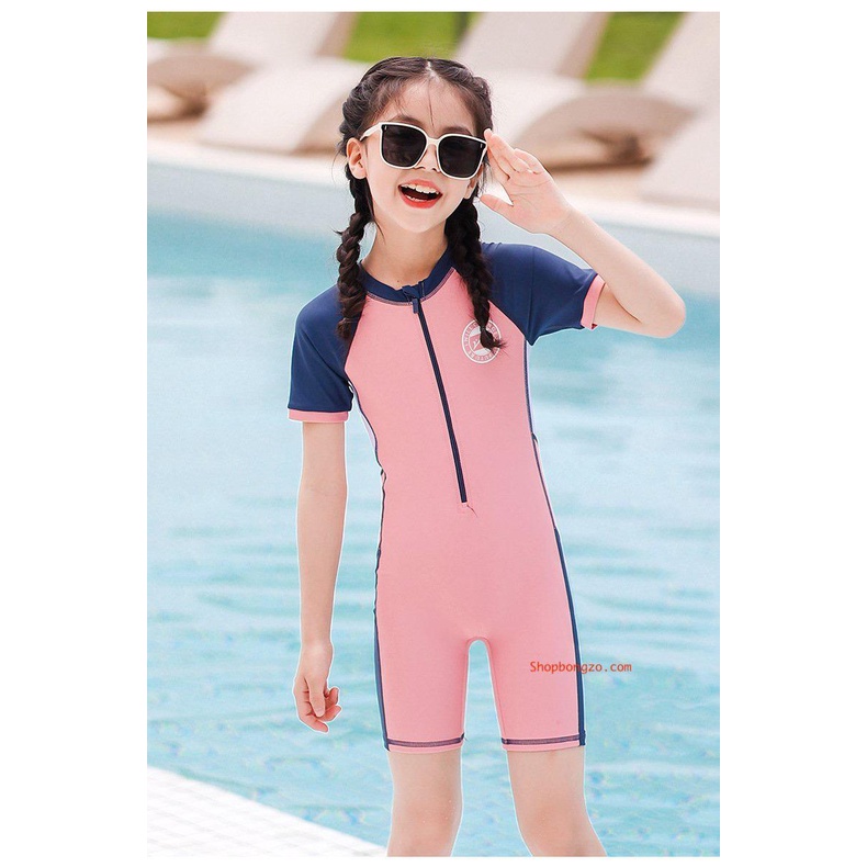 [Có sẵn] Bộ bơi bé gái cộc liền, hồng tay than, YUKE