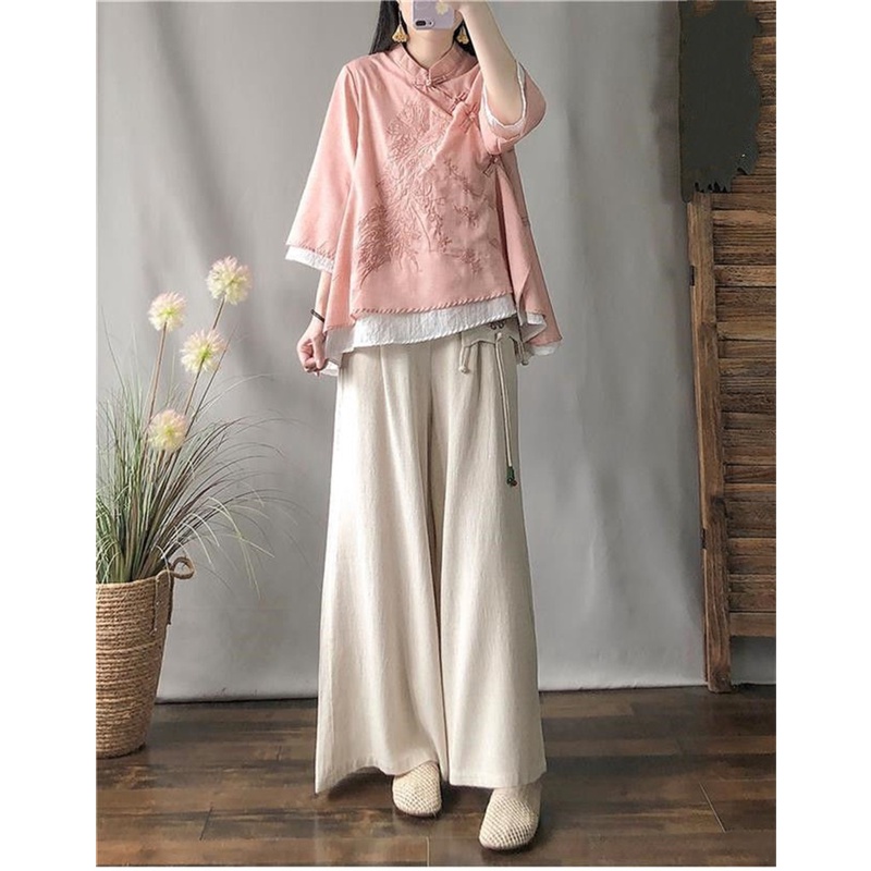 Áo Sơ Mi Vải Lanh Cotton Dáng Rộng Cài Nút Kiểu Trung Hoa Thời Trang Xuân Hè Cho Nữ