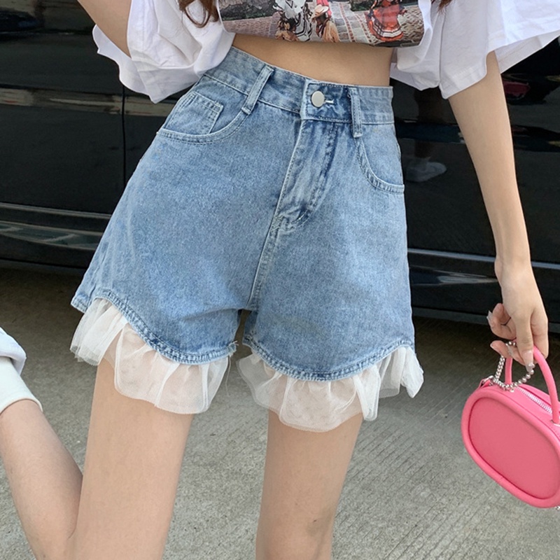 IELGY   Quần Short denim Lưng Cao Phối Ren Thời Trang Cho Nữ