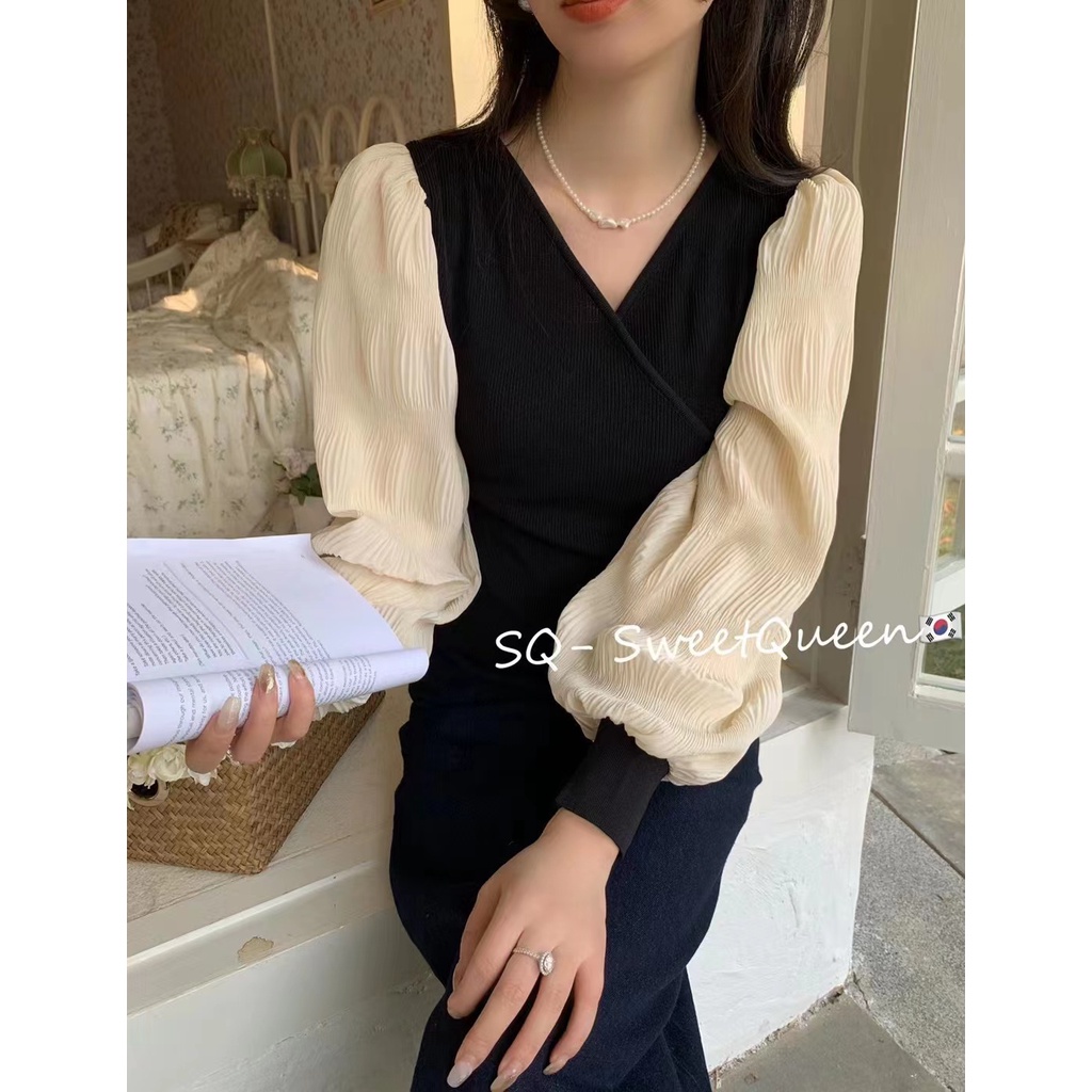 Áo Sơ Mi Nữ Tay Dài Phồng Cổ Chữ V Dáng Rộng Phong Cách Hàn Quốc Thời Trang Mùa Xuân