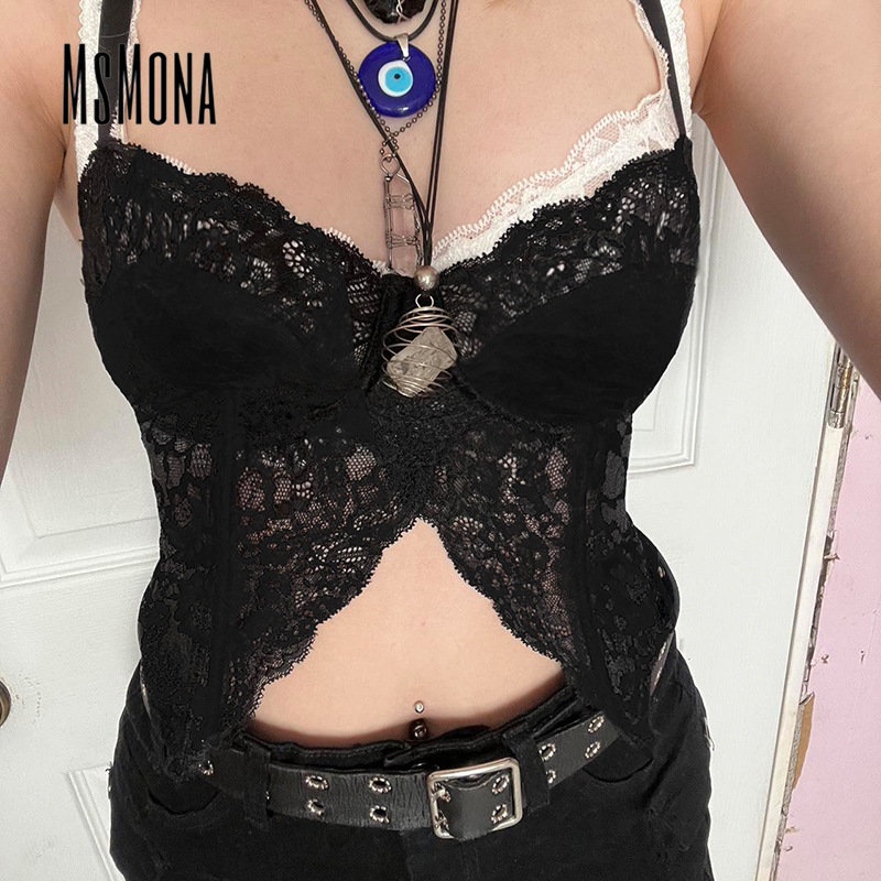 Áo Tank Top Cổ Chữ V Phối Ren Màu Tương Phản Thời Trang 2023 Quyến Rũ Cho Nữ