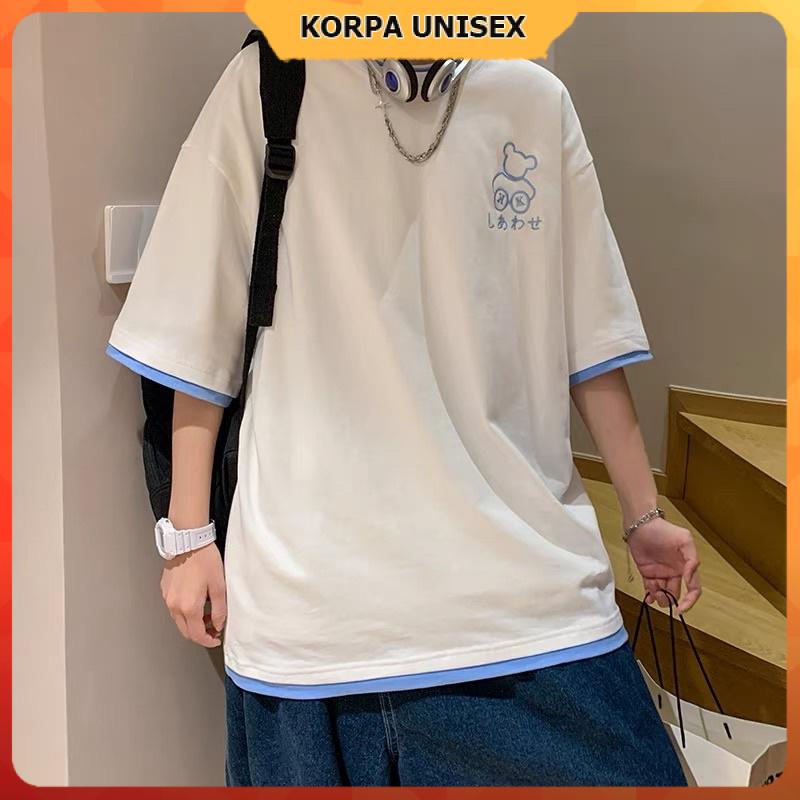 Áo thun tay lỡ phối form rộng thêu chú gấu ngộ nghĩnh a - phông ulzzang oversize unisex nam nữ