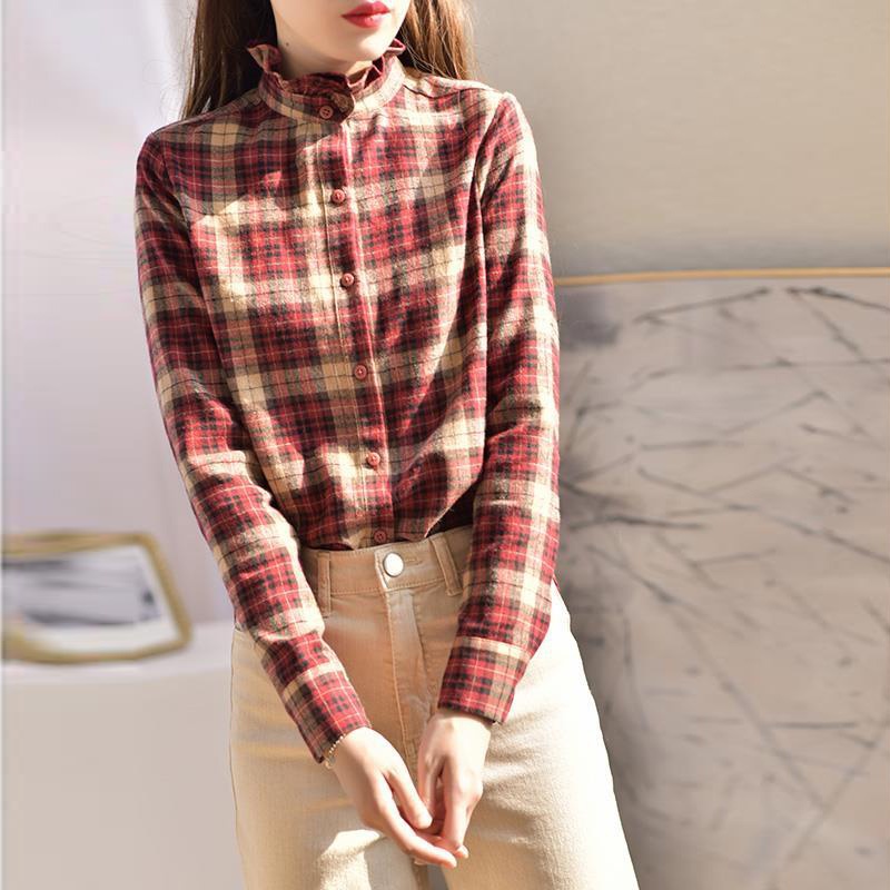 Áo Sơ Mi Cổ Đứng Chất Liệu Cotton Mềm Họa Tiết Sọc Caro Phong Cách Retro Hàn Quốc