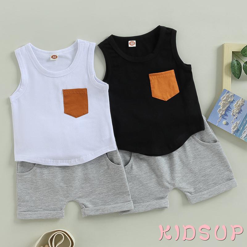 Bộ Áo Sát Nách Cổ Tròn Có Túi Trước Ngực + Quần Ngắn Dây Rút Thời Trang Cho Bé Trai 1 Tuổi