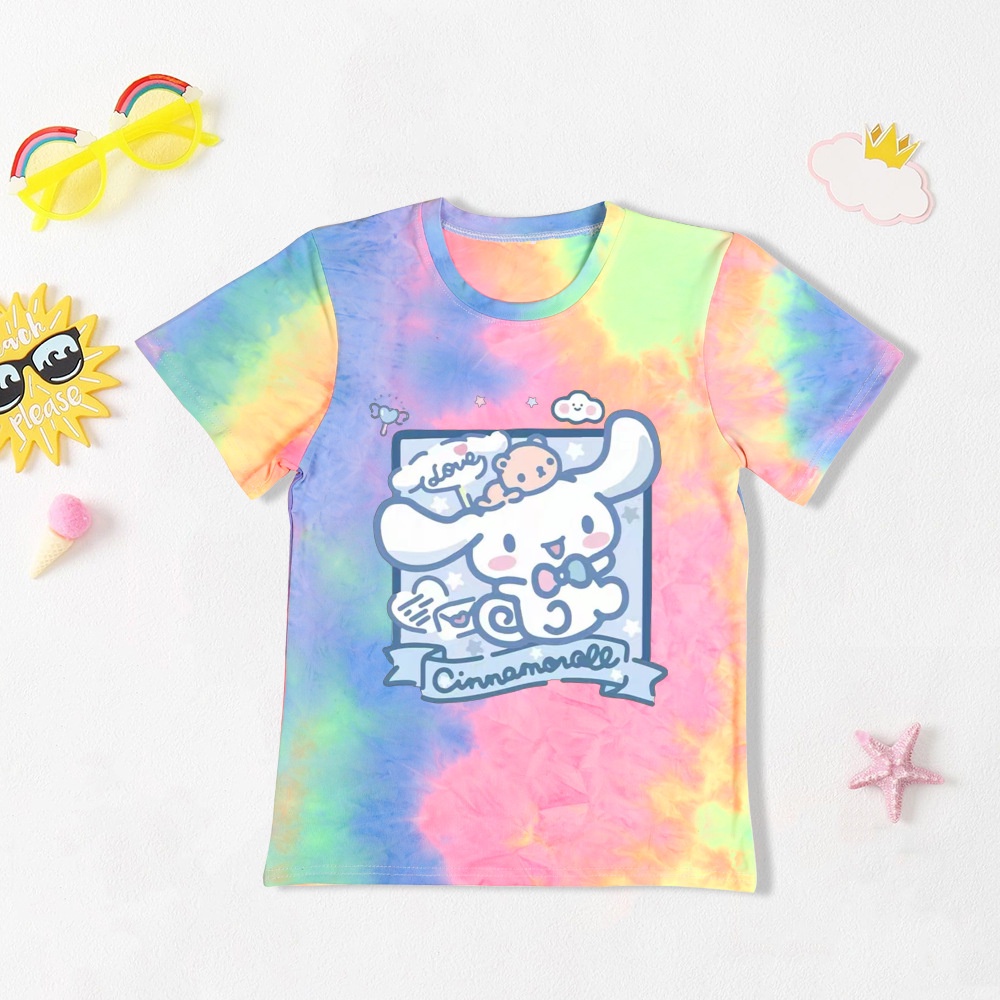 Cinnamoroll Áo Sơ Mi Dây Buộc Thời Trang Thuốc Nhuộm Mùa Hè Trẻ Em Quần Áo Tay Ngắn Bé Trai Bé Gái Cinnamoroll Hoạt Hình Áo Sơ Mi