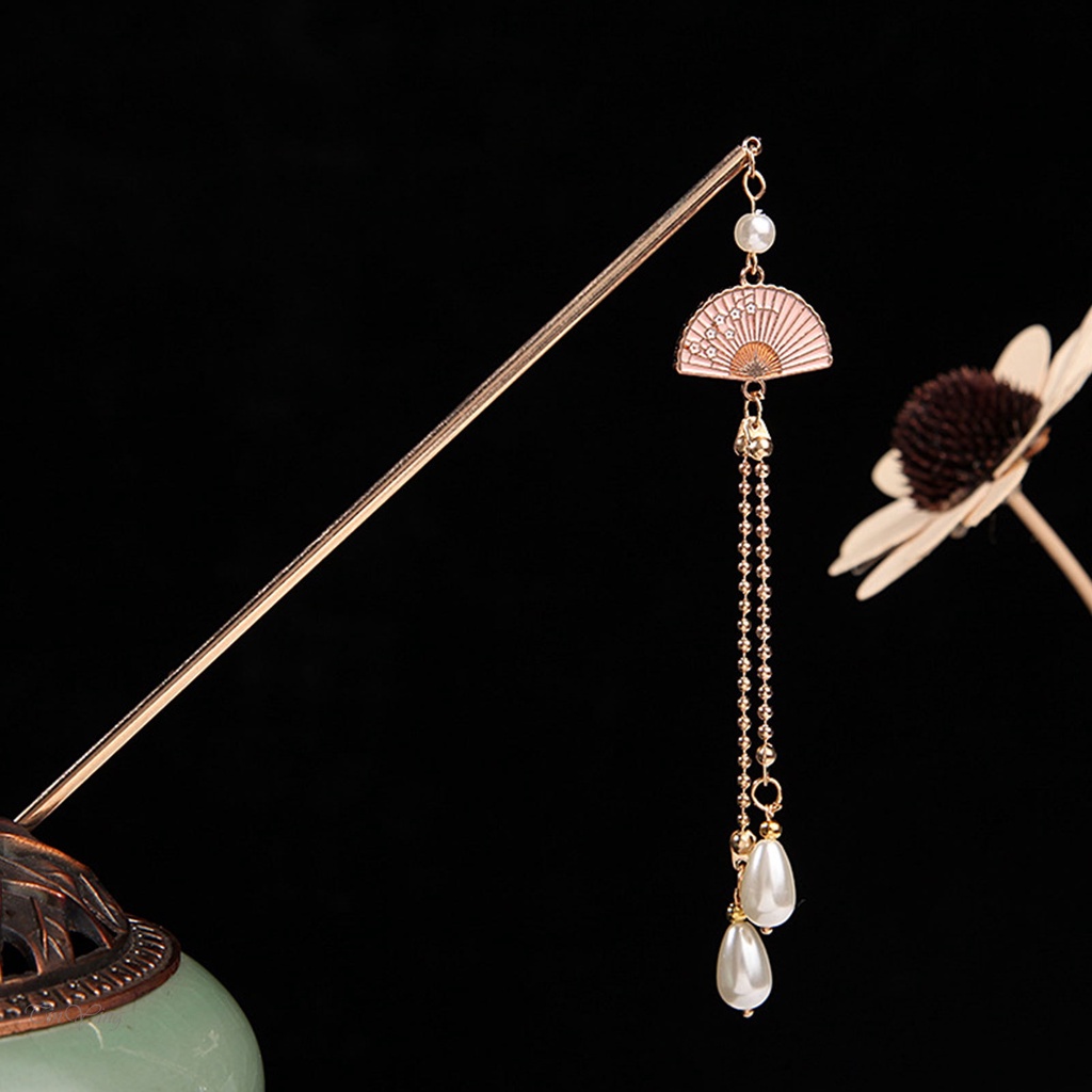 GETNOIVAS Trâm Cài Tóc Hình Quạt Phối Tua Rua Đính Ngọc Trai Phong Cách Trung Hoa