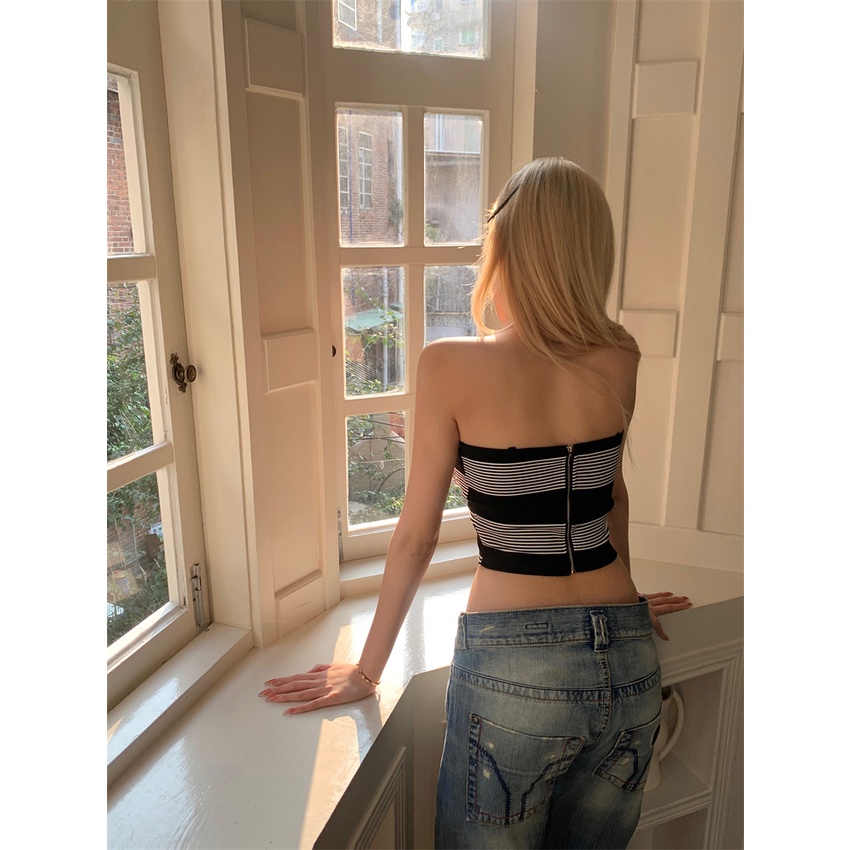 QADCOL  Áo Quây Ngực Không Dây Hở Lưng Ôm Dáng Họa Tiết Sọc Chéo Thời Trang Mùa Xuân Cho Nữ