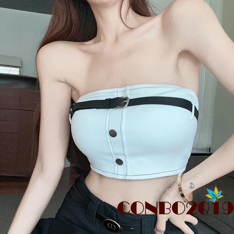 Áo Croptop Không Dây Dáng Ôm Cài Nút Kim Loại Phía Trước Thời Trang Cho Nữ