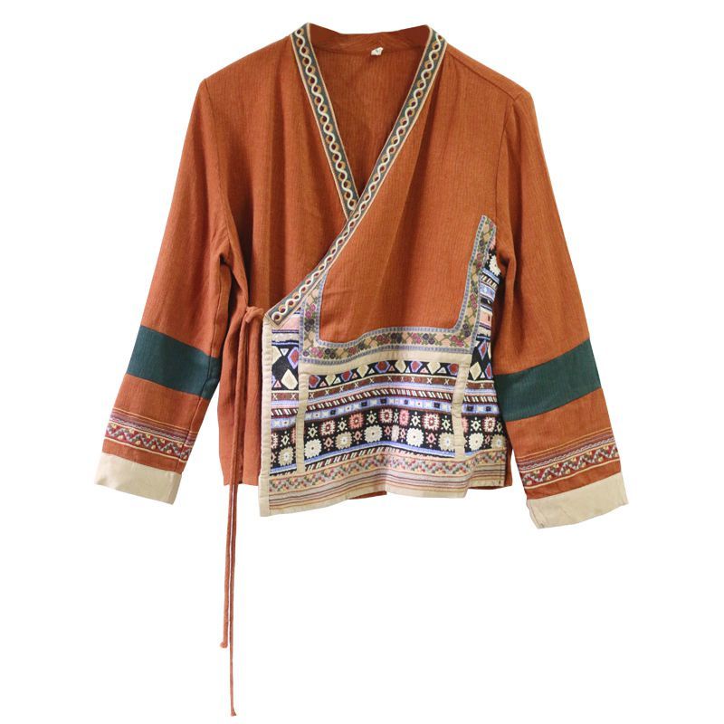 Áo Kiểu Cổ Chữ V Chất Lanh Cotton Hoạ Tiết Thêu Phong Cách Vintage