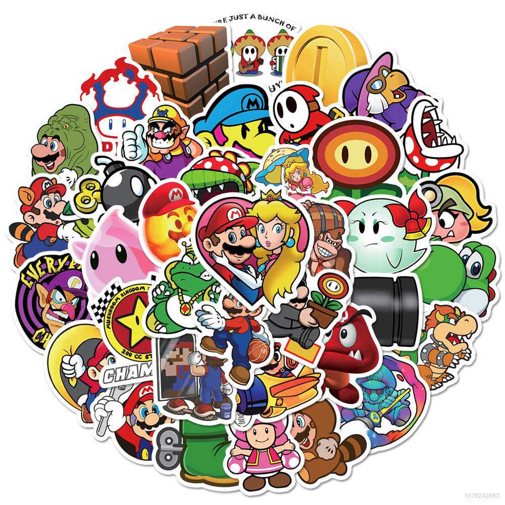 Bộ 50 Sticker Dán Trang Trí Sổ Tay / Ván Trượt / Cốc Nước Bằng PVC Chống Nước Hình Super Mario