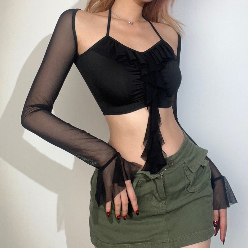 Kliou 2023 new Áo Croptop Mỏng Ghép Vải Lưới Tay Loe Thiết Kế Rỗng Gợi Cảm Hàng Mới 2023 Dành Cho Bạn Nữ