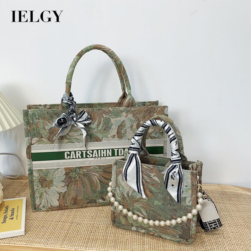 Ielgy Túi Xách Lụa Đeo Vai Sức Chứa Lớn Họa Tiết Tranh Sơn Dầu Đính Ngọc Trai Có Dây