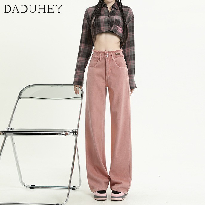 Quần dài DADUHEY lưng cao dáng rộng viền thô màu hồng thời trang phong cách Hàn Quốc xinh xắn