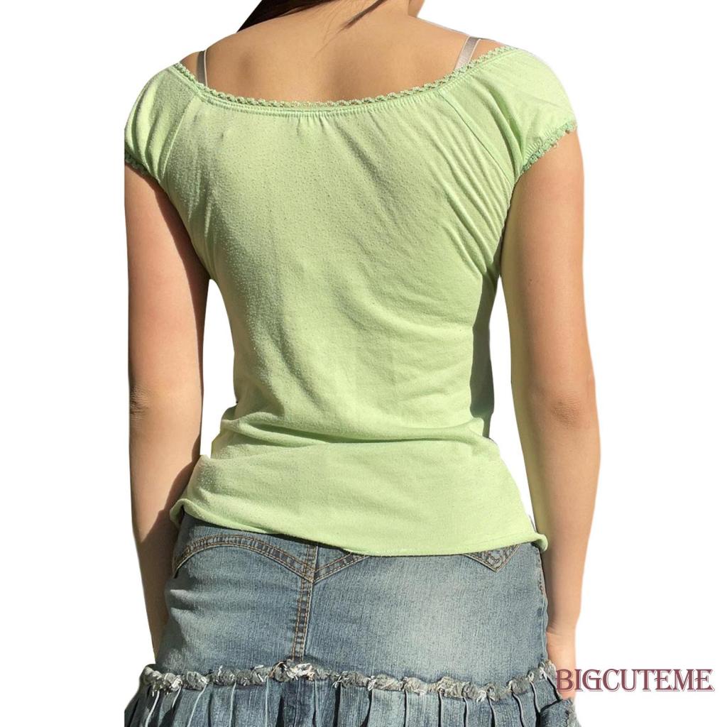 Áo Thun Tay Ngắn Cổ Vuông Phối Ren Dáng Ôm Màu Xanh Lá Thời Trang Mùa Hè Cho Nữ