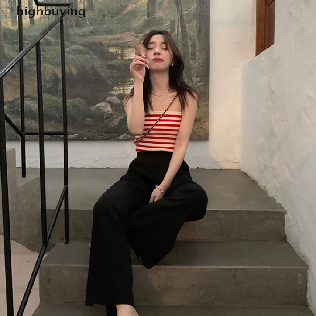 Áo Croptop Dệt Kim Không Tay Họa Tiết Kẻ Sọc Thời Trang Mùa Hè Hàn Quốc Cho Nữ