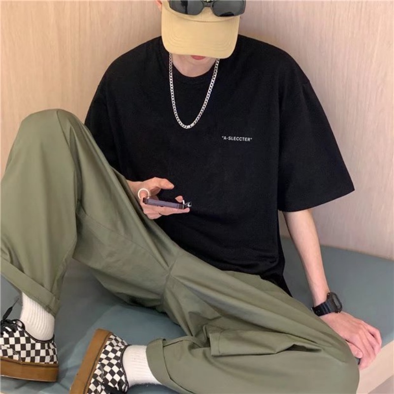 Áo Thun Cotton Tay Ngắn   M-2XL  Dáng Rộng Phong Cách Harajuku Hồng Kông Dễ Phối Đồ Cho Nam