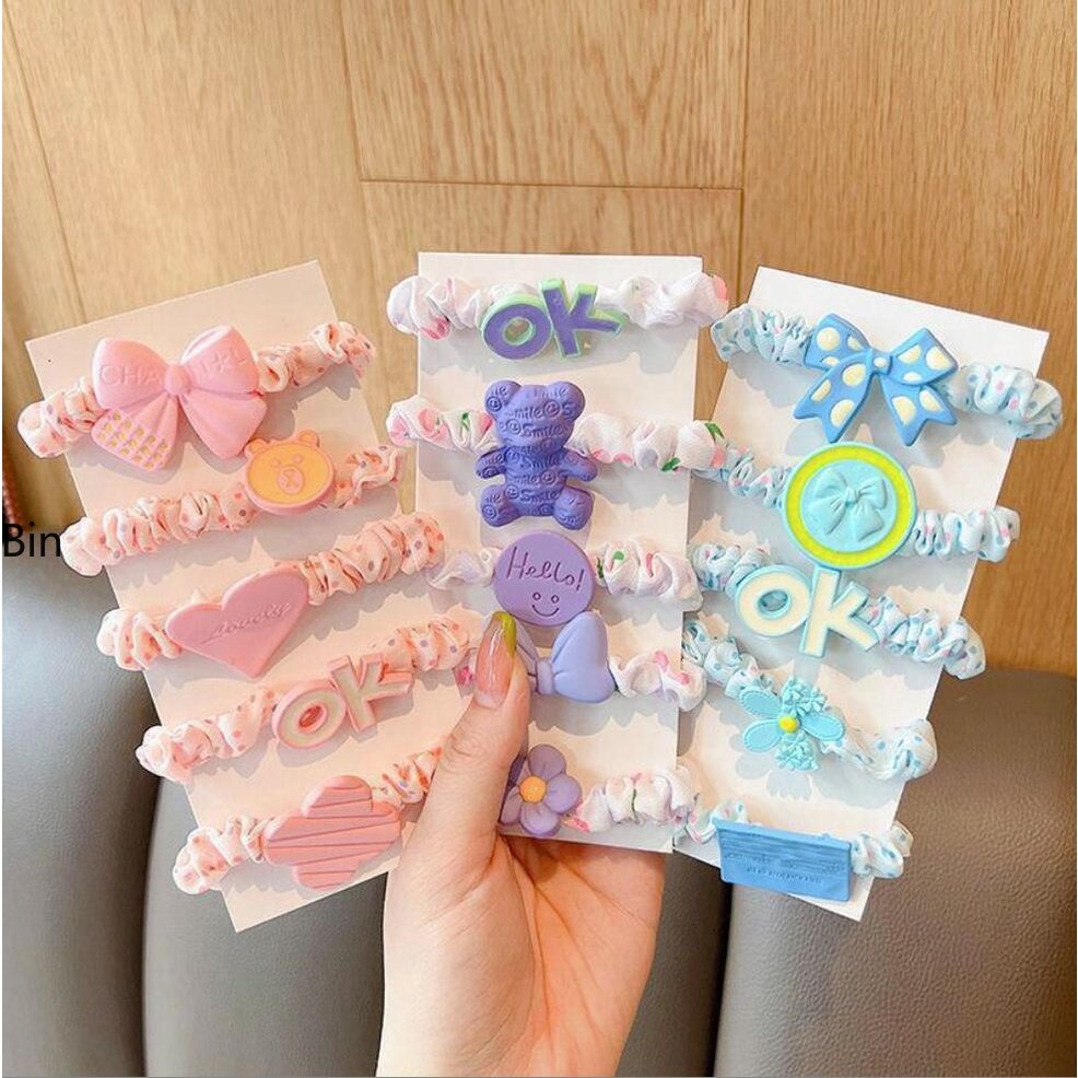 Bộ 5 Dây Cột Tóc Vải Họa Tiết Hoạt Hình Dễ Thương Cho Bé Gái