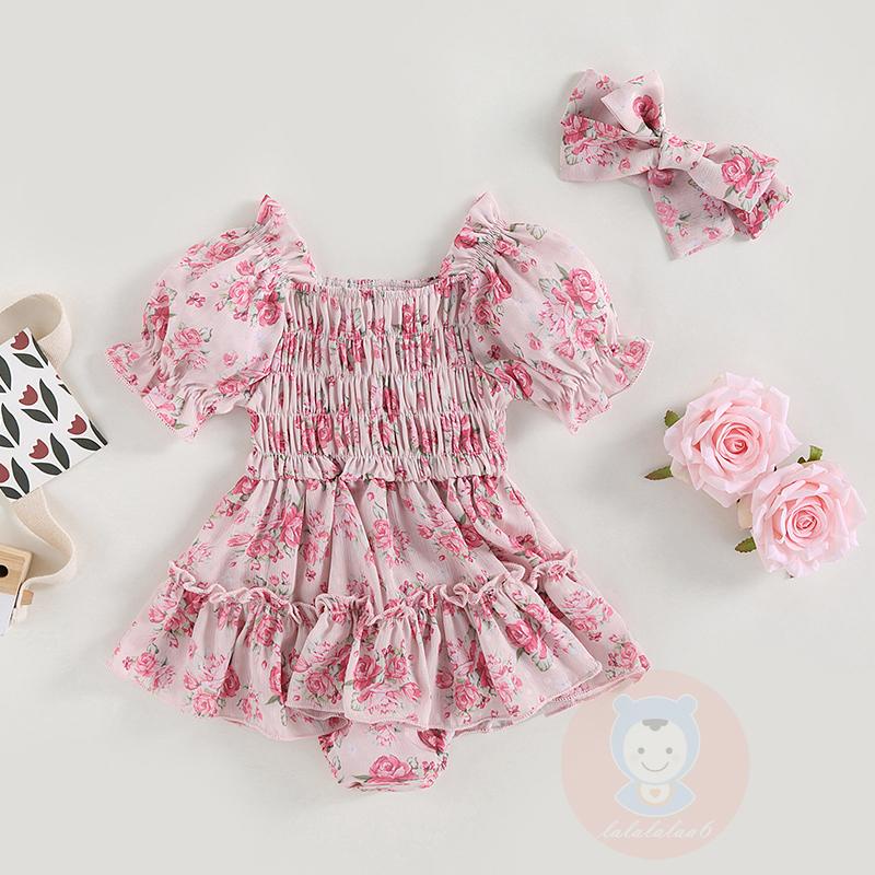 Bộ Áo Liền Quần Cổ Thuyền Tay Ngắn In Hoa + Băng Đô Cài Tóc Thời Trang Mùa Hè Xinh Xắn Cho Bé Gái