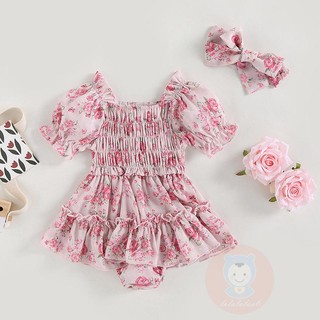 Bộ áo liền quần cổ thuyền tay ngắn in hoa + băng đô cài tóc thời trang mùa hè xinh xắn cho bé gái