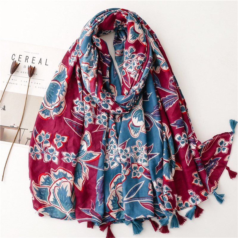 Khăn Choàng Cổ Vải Lanh Cotton Mềm Mại In Họa Tiết Hoa Màu Đỏ / Xanh Dương Thời Trang Xuân Hè Cho Nữ