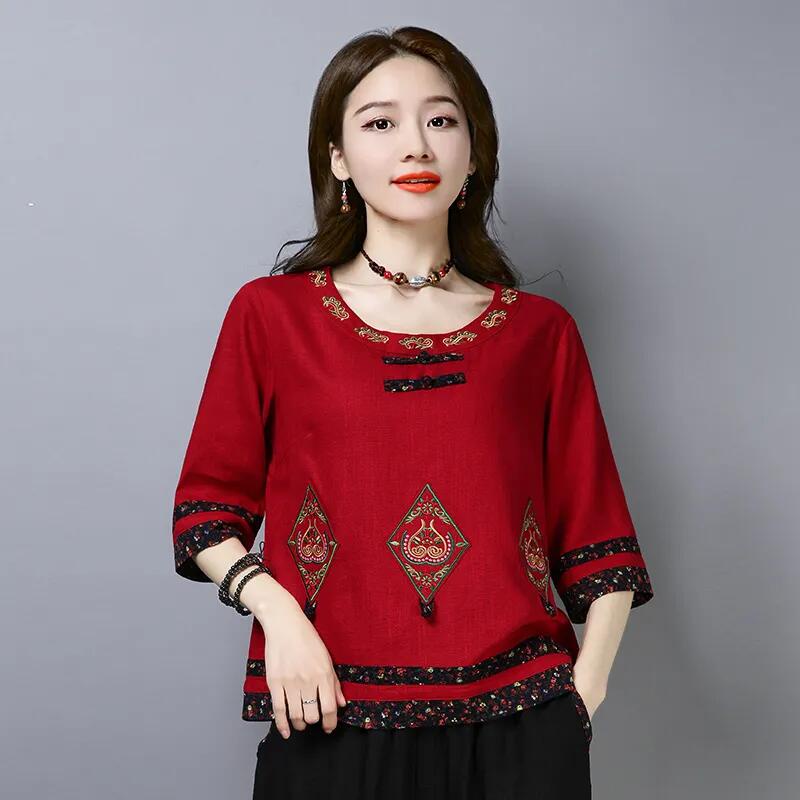 Áo Sơ Mi Cotton Lanh Tay Lửng Dáng Rộng Thêu Họa Tiết Xinh Xắn Thời Trang