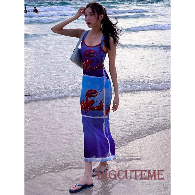 [] - Đầm Dài Không Tay Hở Lưng Dáng Ôm In Hình Tôm Hùm Mùa Hè Cho Nữ