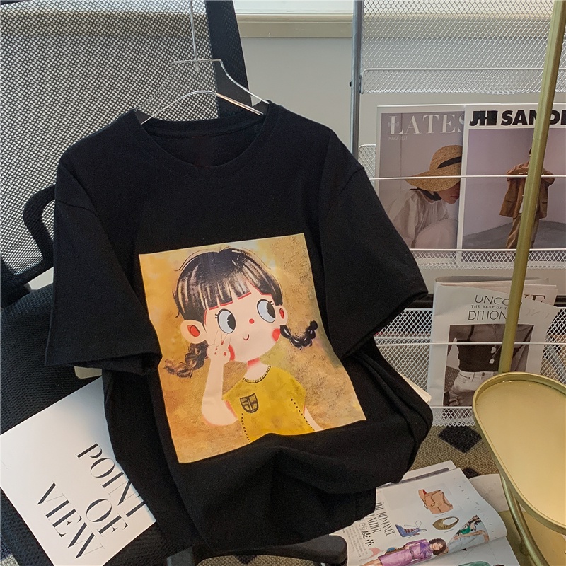 Áo thun FASHMILY 100% cotton tay ngắn dáng rộng cổ tròn họa tiết hoạt hình phong cách Hàn Quốc thời trang mùa hè cho nữ