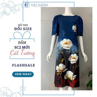 Đầm trung niên thiết kế sang trọng màu xanh họa tiết hoa lạ mắt tặng bà, tặng mẹ sc2 - Thời trang Cát Tường